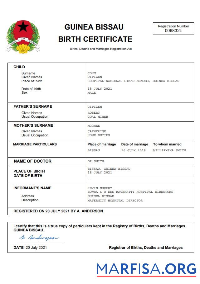 Downloadable Guinea Bissau birth certificate template